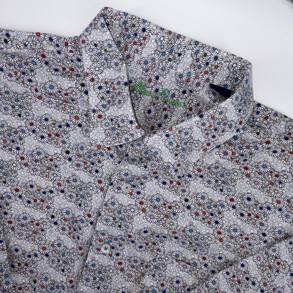 Alan Flusser Shirt Mens 2XL XXL Gray Floral Print Short Sleeve Button Up Cotton